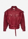 Oversized belted leather jacket in cherry red