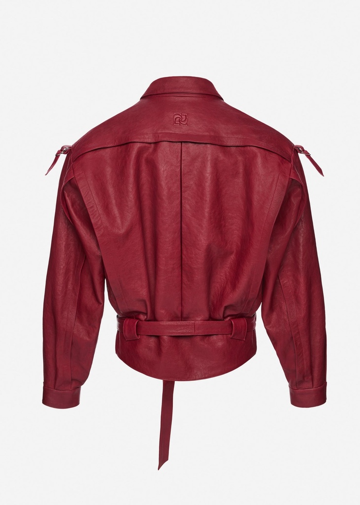 Oversized belted leather jacket in cherry red