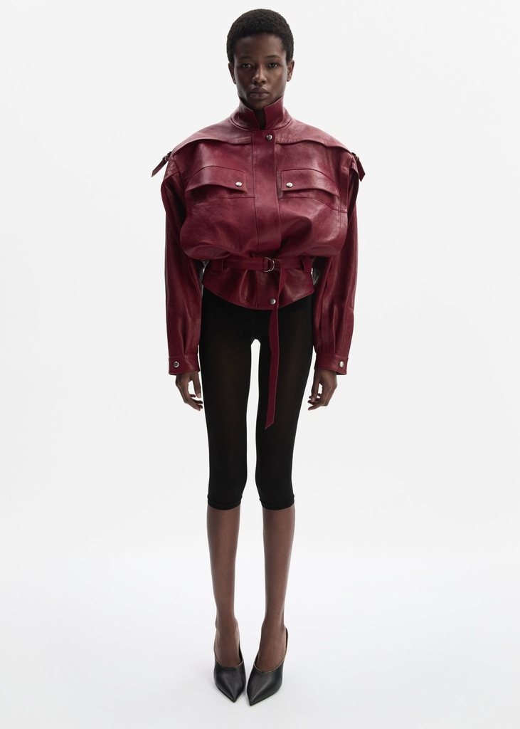 Oversized belted leather jacket in cherry red