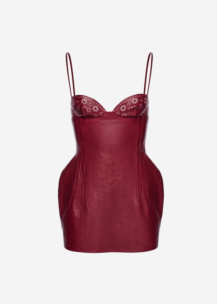 Floral detailing leather mini dress in cherry red