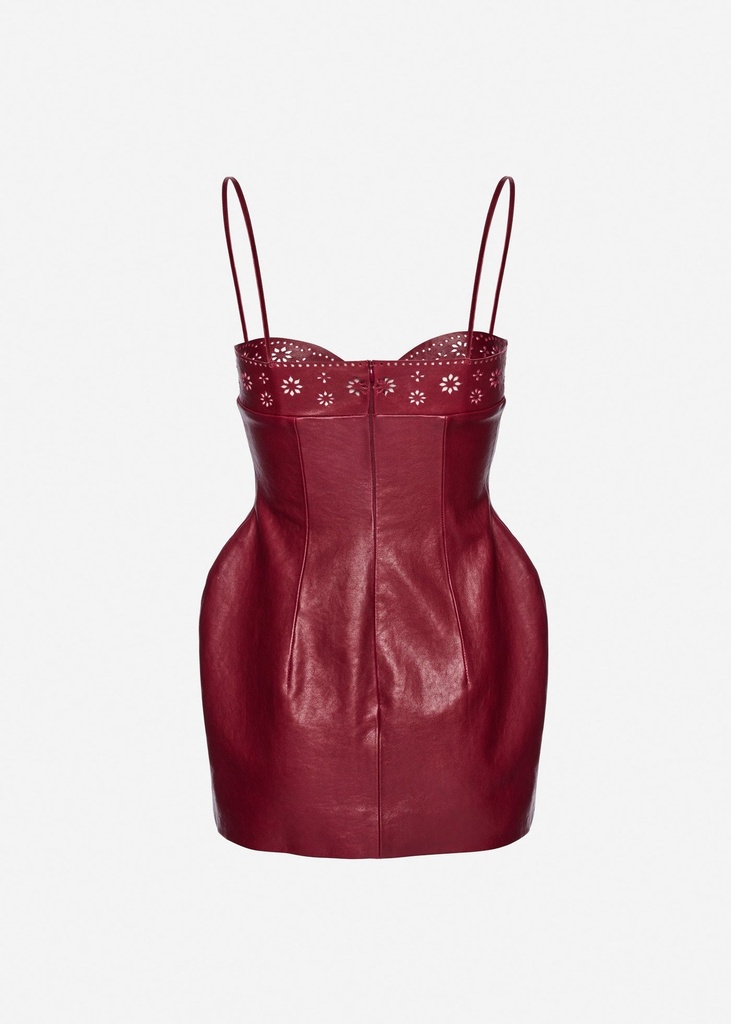 Floral detailing leather mini dress in cherry red