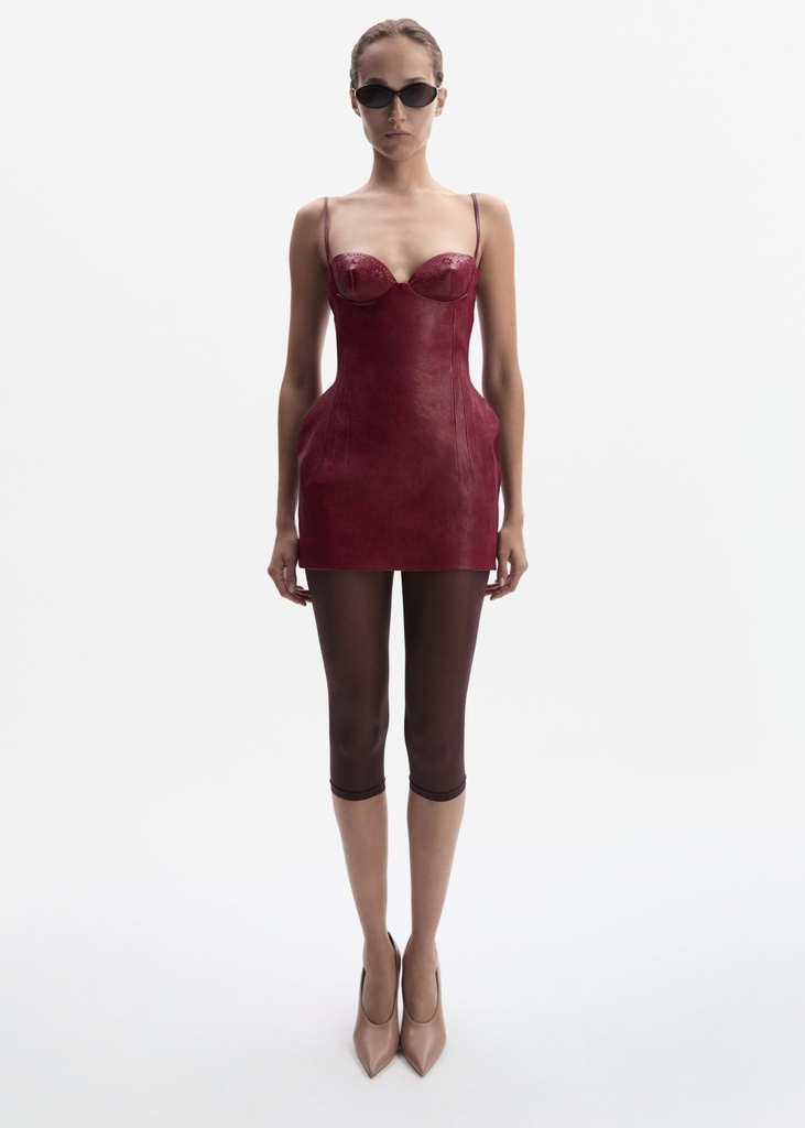 Floral detailing leather mini dress in cherry red