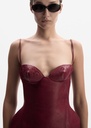 Floral detailing leather mini dress in cherry red