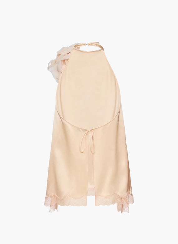 Silk open-back lace-trim blouse in peach
