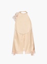 Silk open-back lace-trim blouse in peach