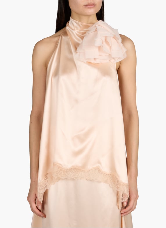 Silk open-back lace-trim blouse in peach