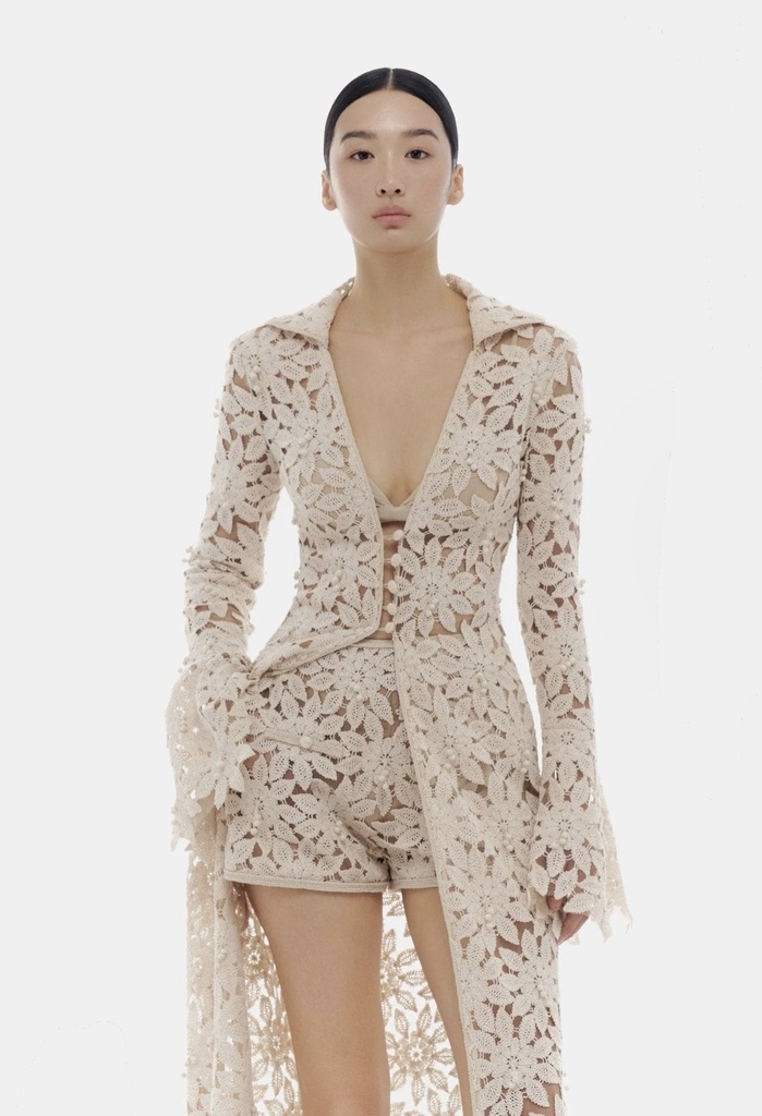 Ladies Coat Beige Floral Lace Coat