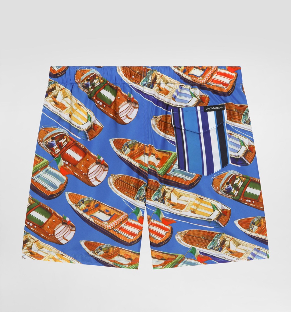 Medium Nylon Swim Shorts With Motorboat Print And Stripes