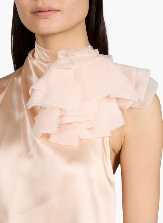 Silk open-back lace-trim blouse in peach