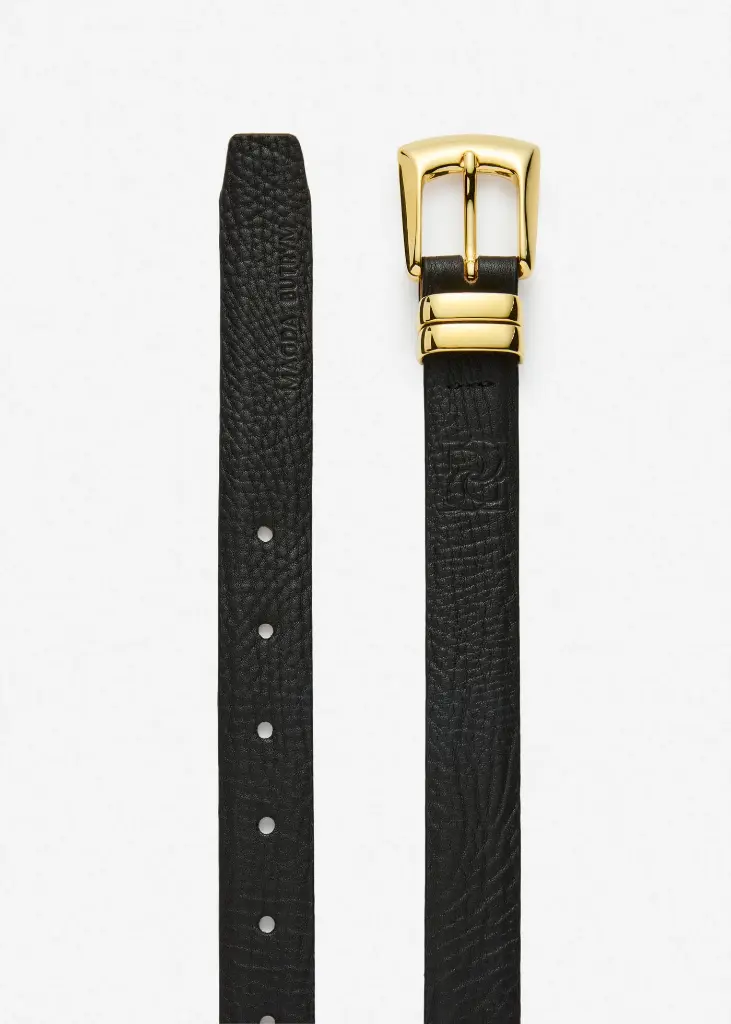 Square buckle leather belt in black and gold