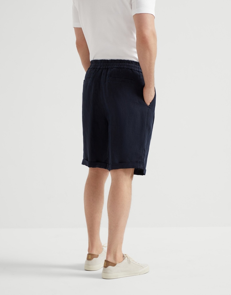Garment-Dyed Bermuda Shorts In Linen Gabardine With Drawstring And Pleat