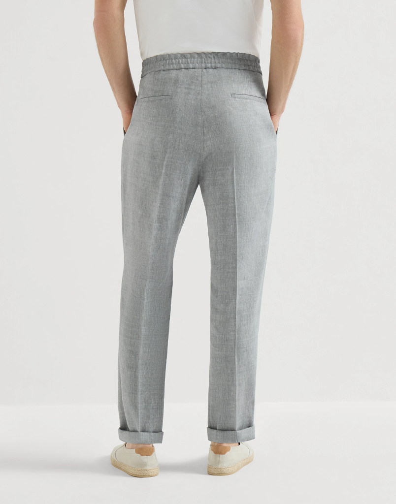 Linen And Virgin Wool Chevron Trousers With Drawstring And Double Pleats