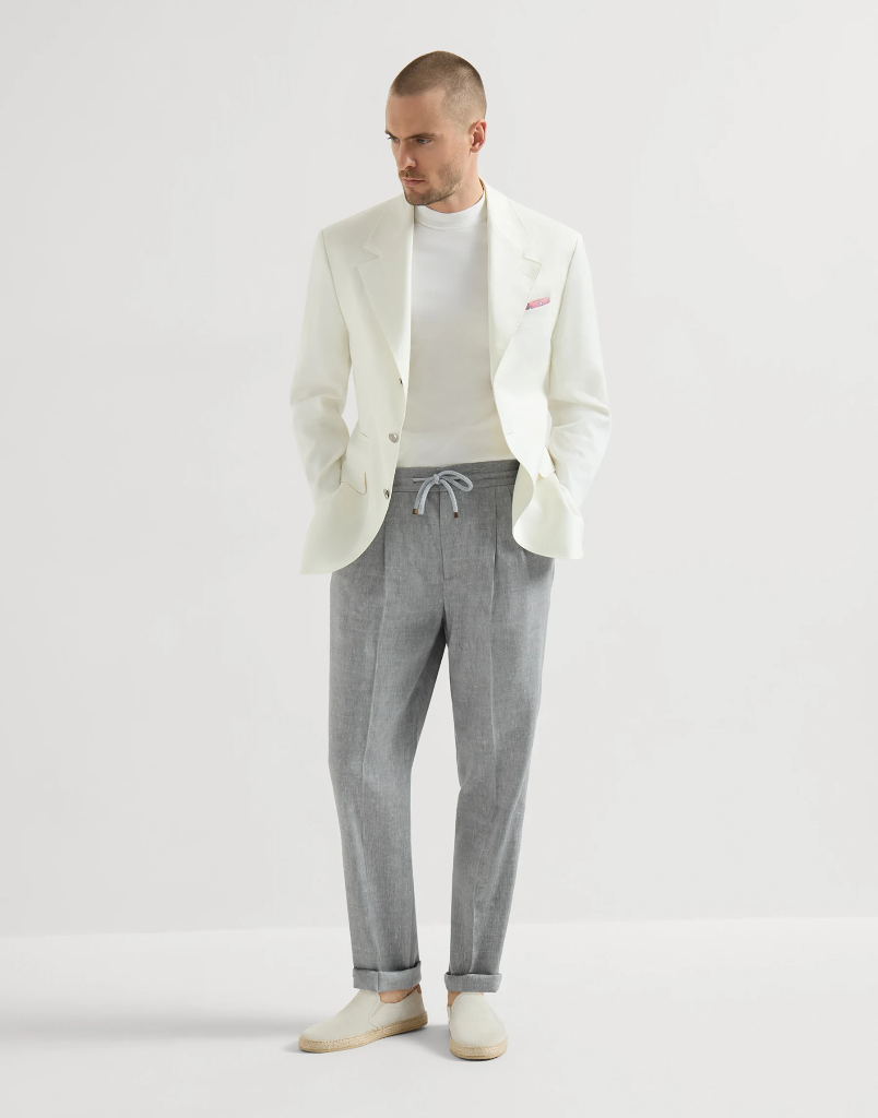 Linen And Virgin Wool Chevron Trousers With Drawstring And Double Pleats