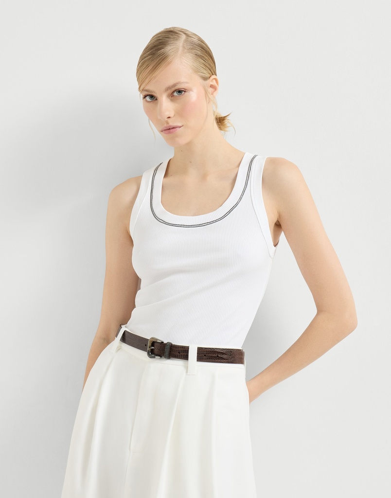 Stretch Cotton Ribbed Jersey Top With Shiny Trim