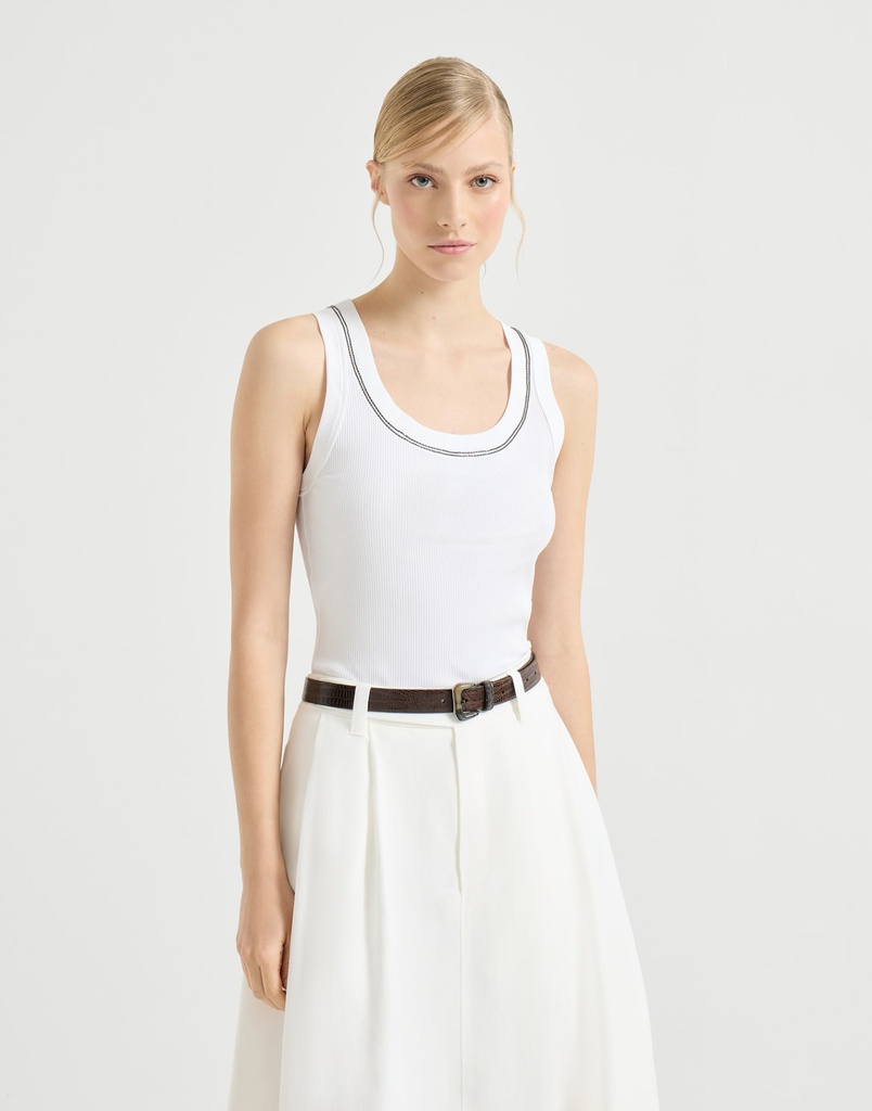 Stretch Cotton Ribbed Jersey Top With Shiny Trim