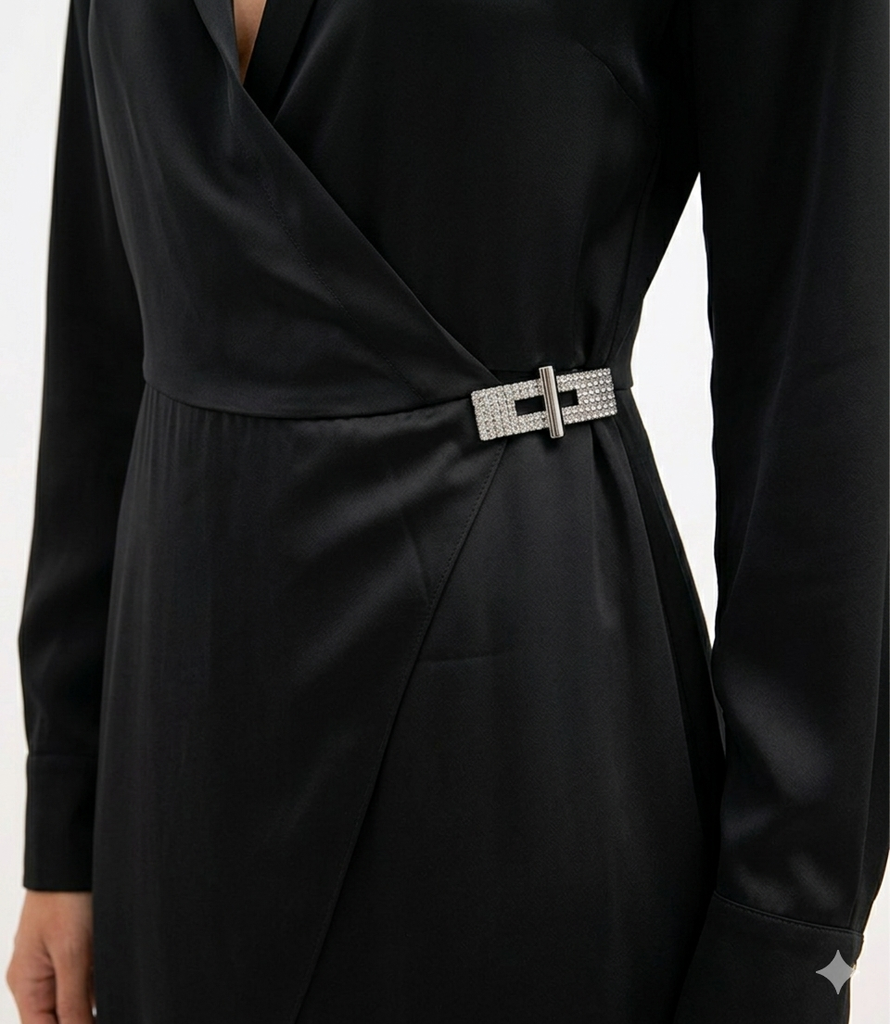 Crystal Buckle Embroidery Satin Wrap Shirt Dress