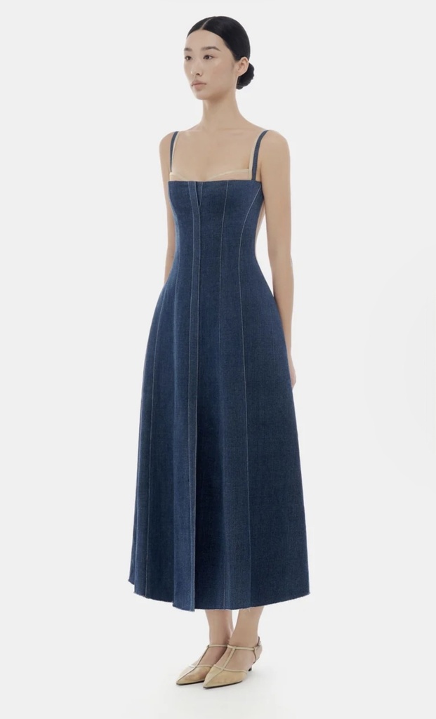 Ladies Dress Denim Blue Corset Midi Dress