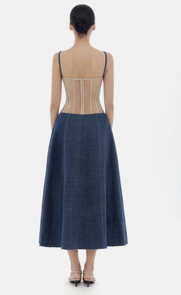Ladies Dress Denim Blue Corset Midi Dress