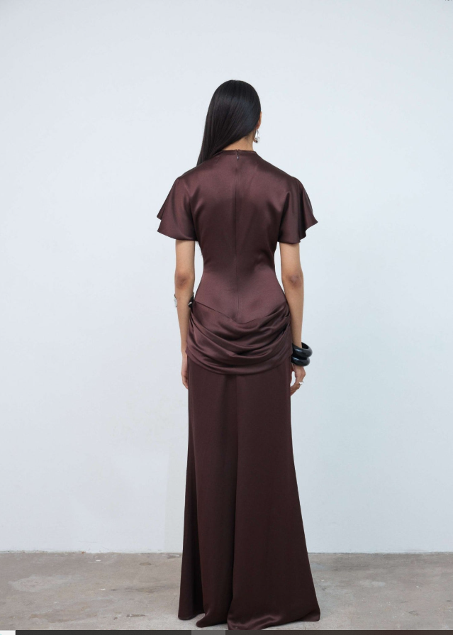 Myra Maxi Dress In Brown Double Satin