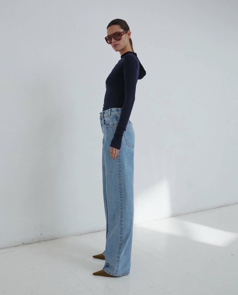 Lu Straight Leg Pleat Effect Fitted Denim Light Blue