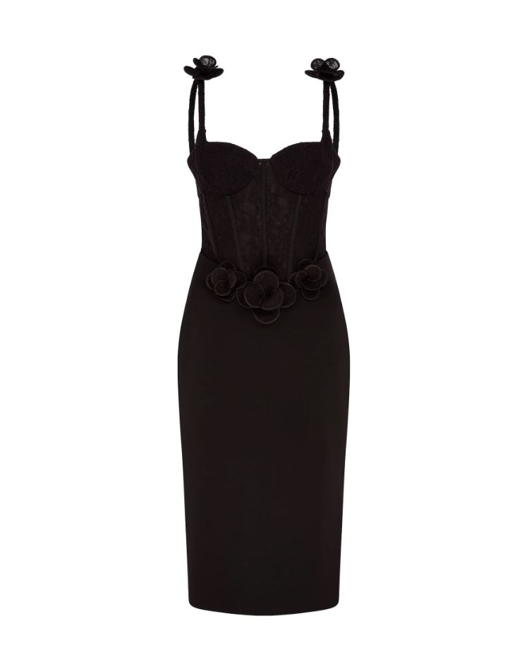 Lace Flower Corset Satin Midi Dress