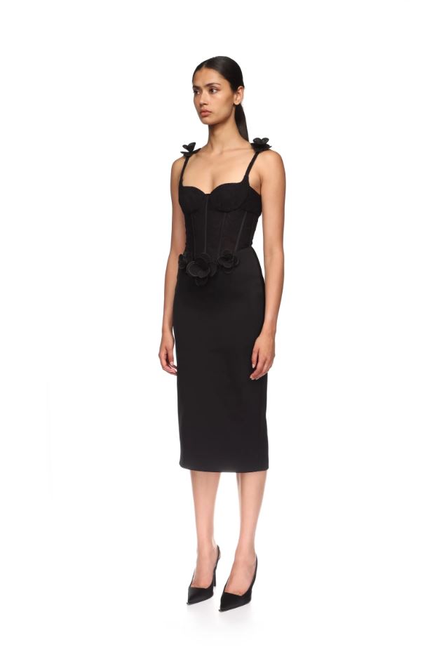 Lace Flower Corset Satin Midi Dress