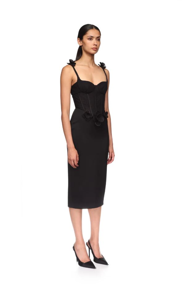 Lace Flower Corset Satin Midi Dress