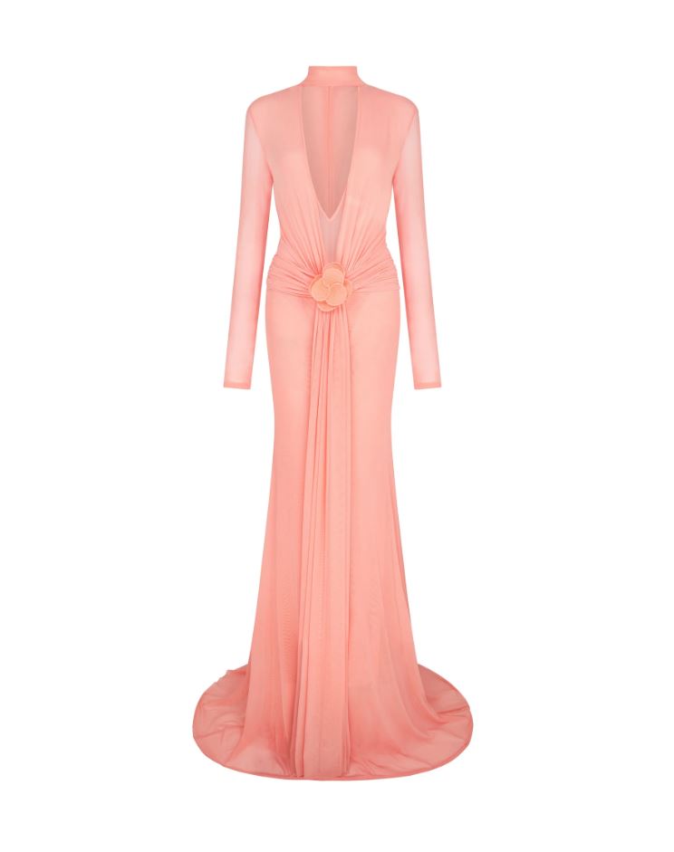 Lace Flower Plunge Gown In Peach