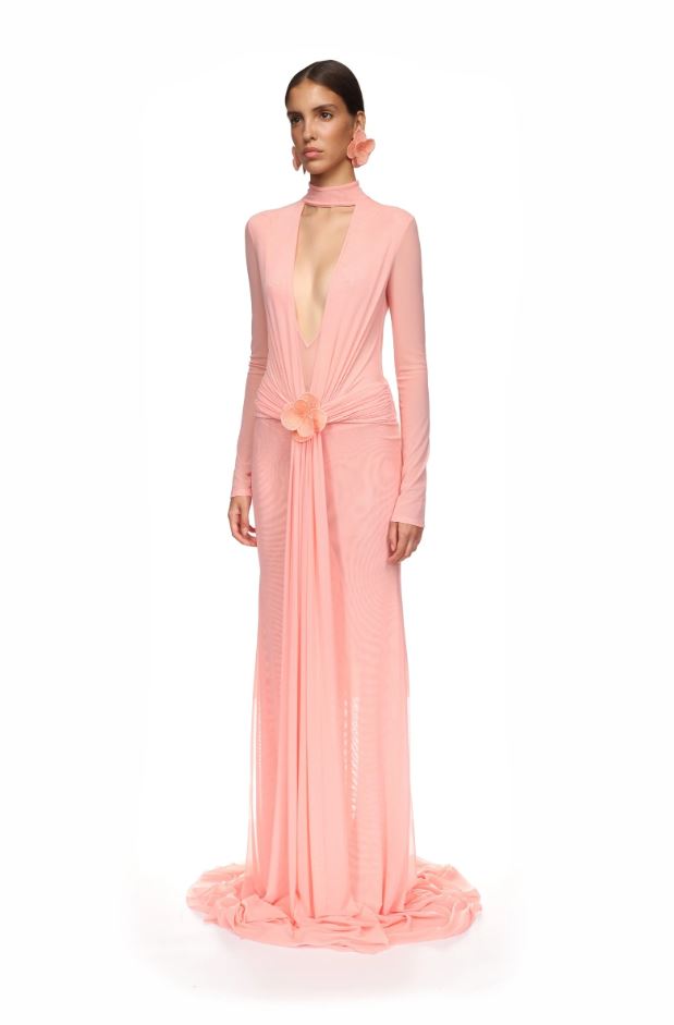 Lace Flower Plunge Gown In Peach
