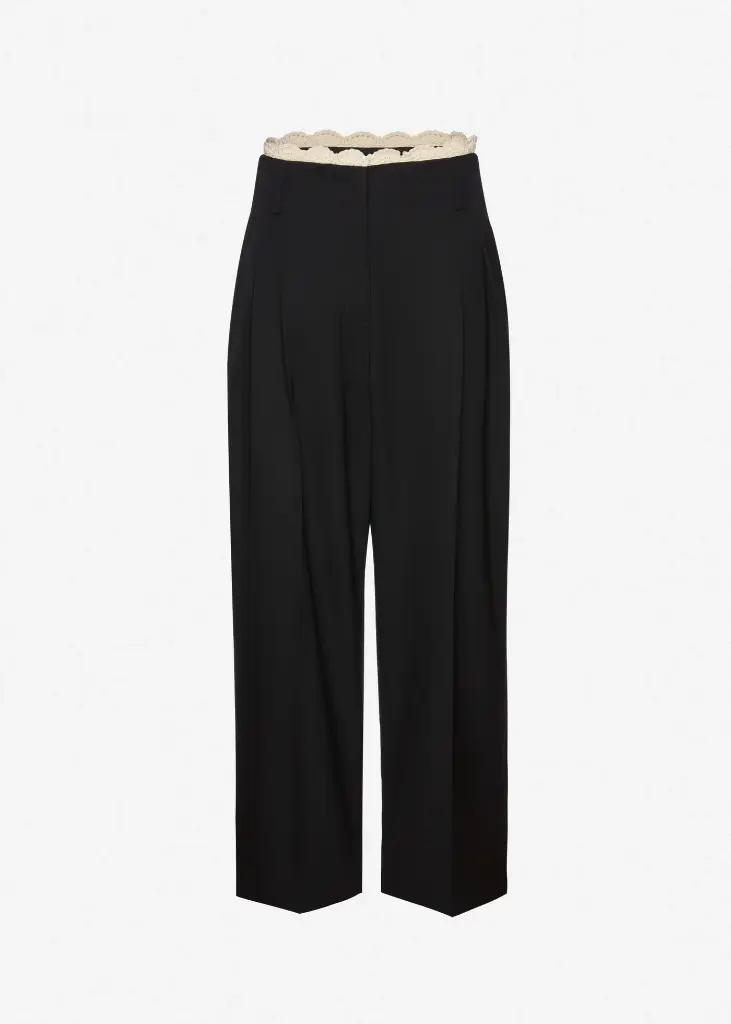 Lace Detail Wool Tapered Trousers In Black