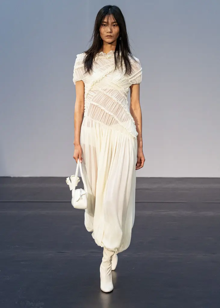 Ruched Muslin Midi Dress In Cream