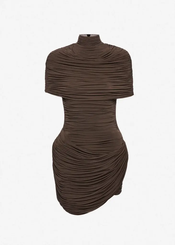 High Neck Draped Mini Dress With Cape Detail In Brown