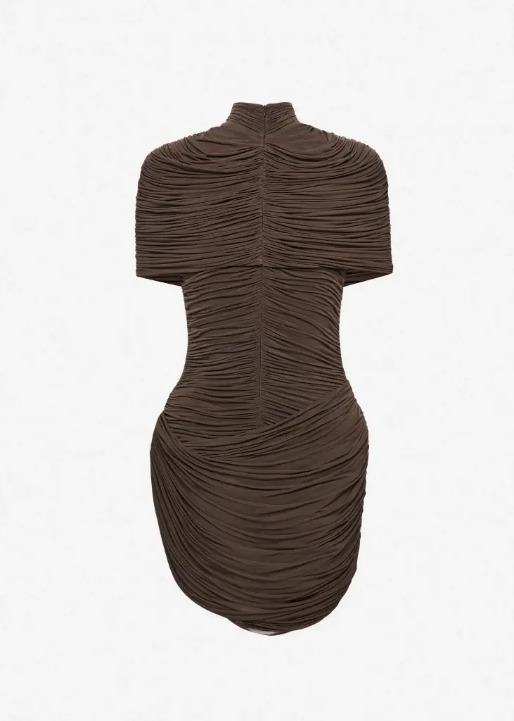 High Neck Draped Mini Dress With Cape Detail In Brown