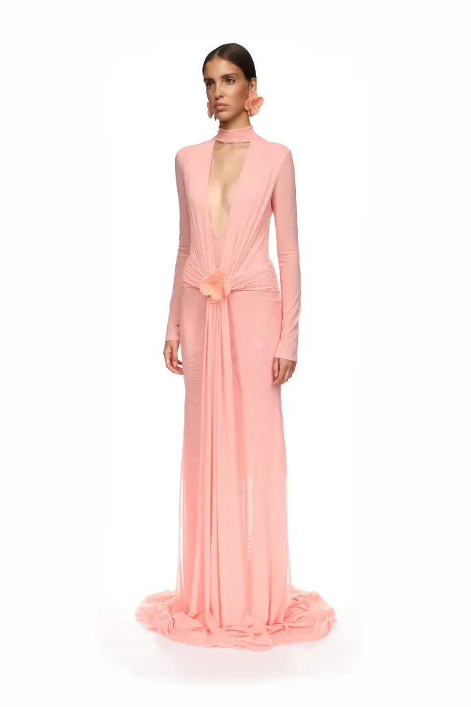 Lace Flower Plunge Gown In Peach