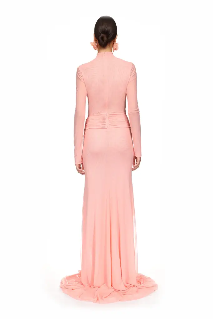 Lace Flower Plunge Gown In Peach