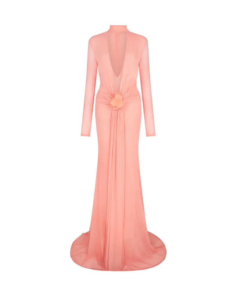 Lace Flower Plunge Gown In Peach