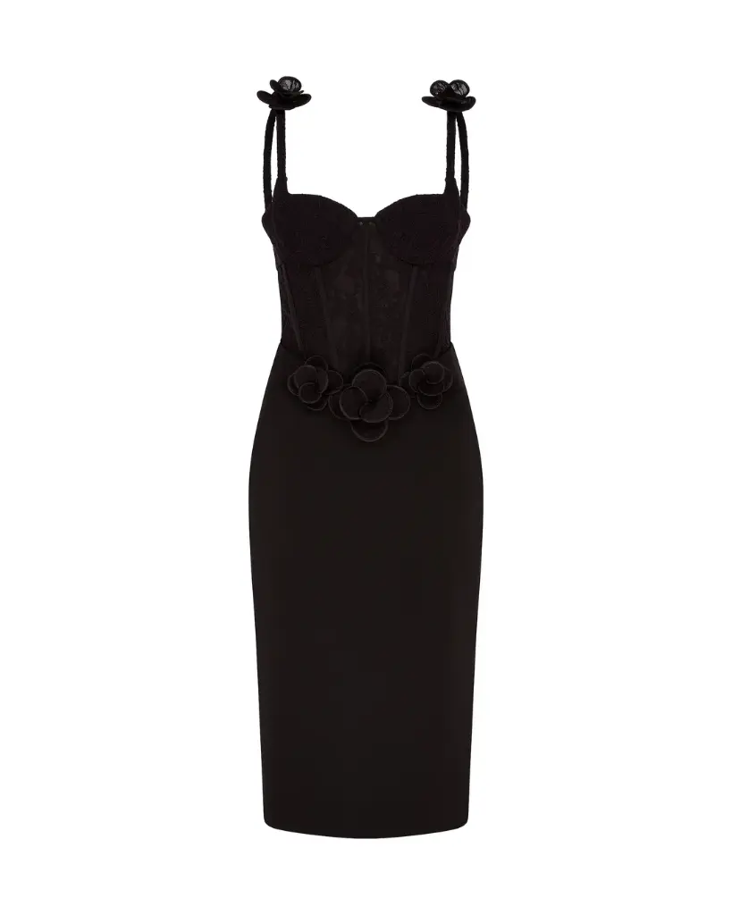 Lace Flower Corset Satin Midi Dress