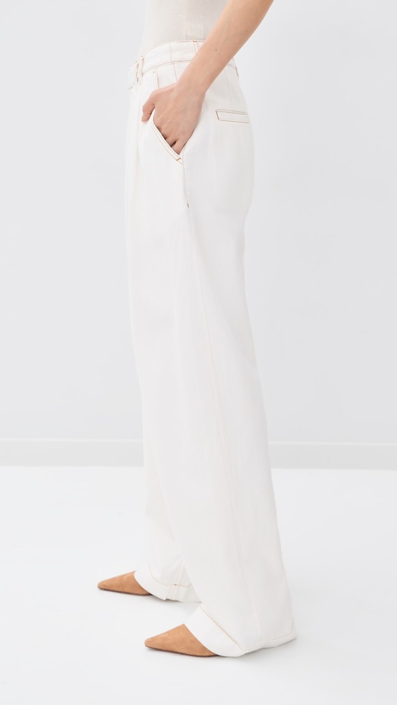 France- Pleat Wide Leg Tencel Denim Washed White