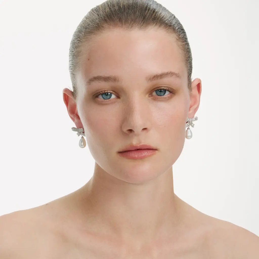 Crystal Bow Pearl Droplet Earrings