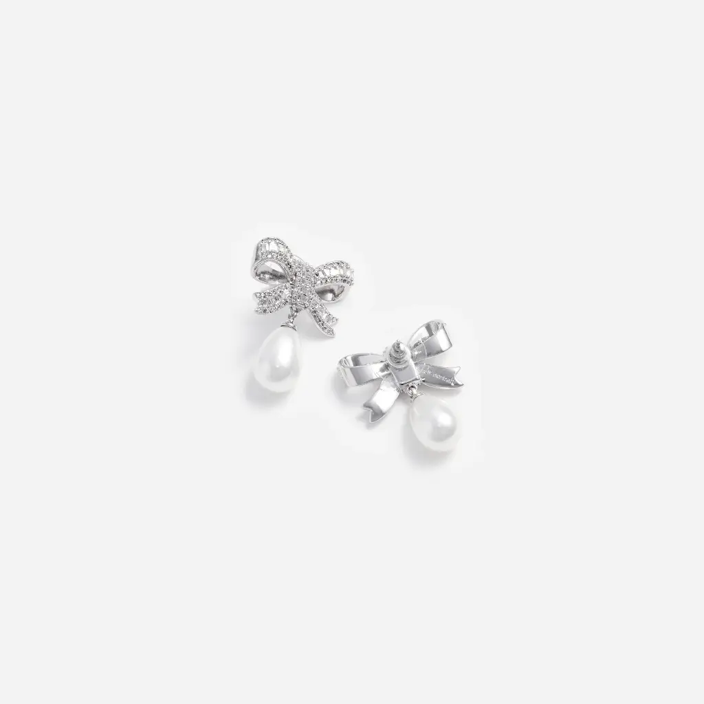 Crystal Bow Pearl Droplet Earrings
