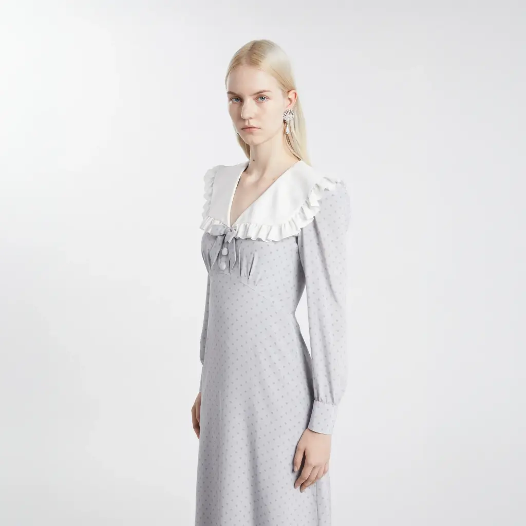 Polka Dot Print SilkMidi Dress with Collar