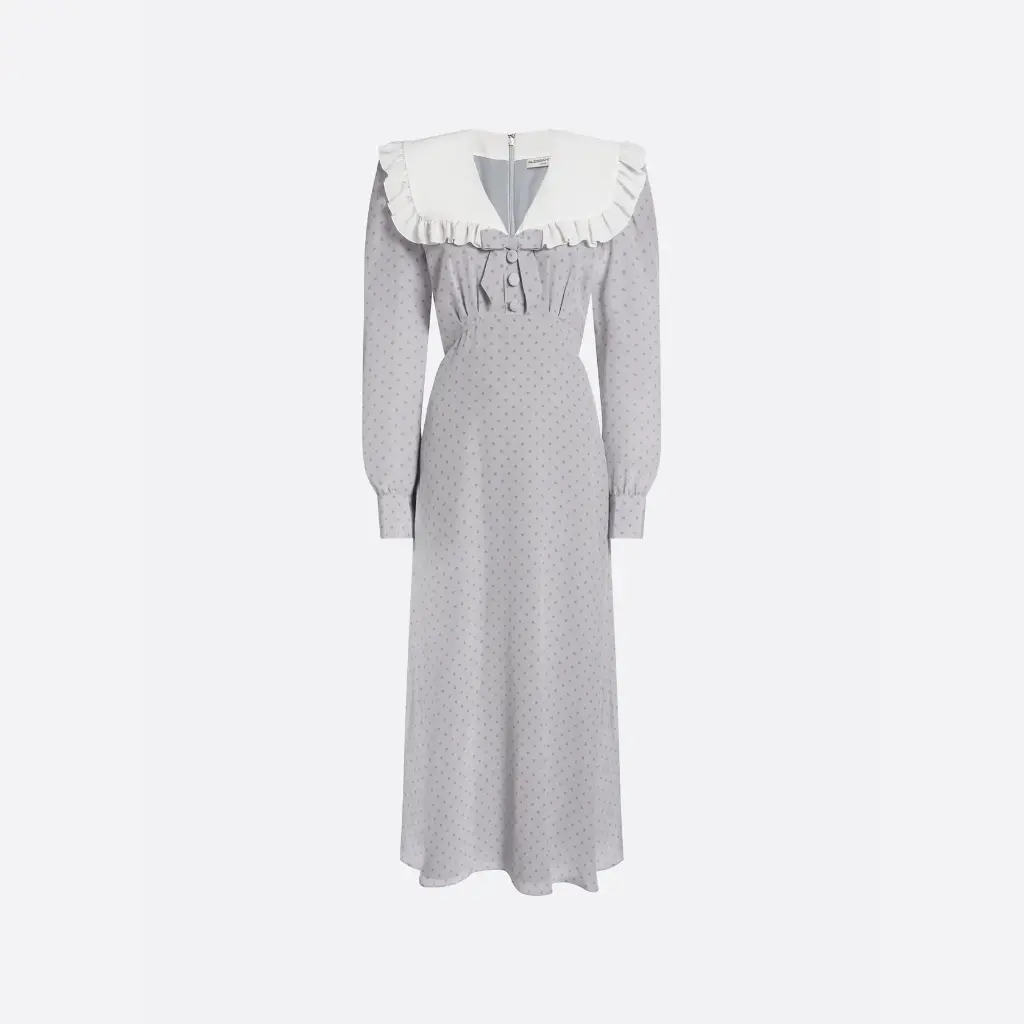 Polka Dot Print SilkMidi Dress with Collar