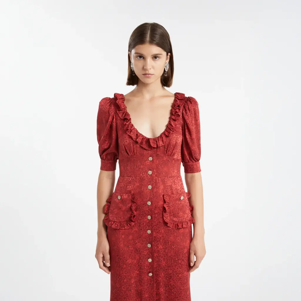 Print Silk Jacquard Midi Dress with JWL Buttons