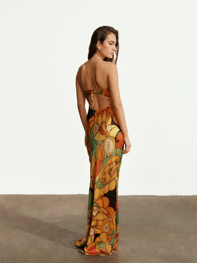 Frutas Silk Satin Long Dress