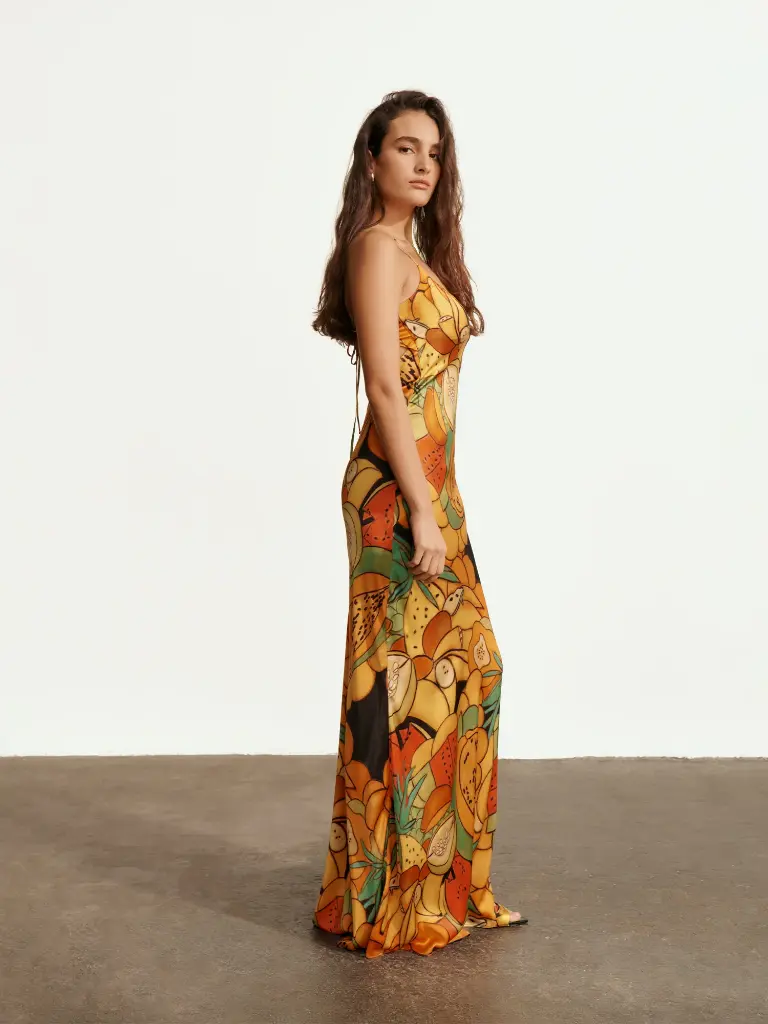 Frutas Silk Satin Long Dress