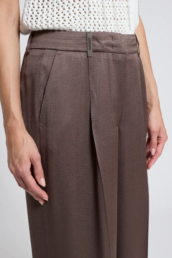 Woman Pants Flowy Pounded Viscose Blend Satin Brown 