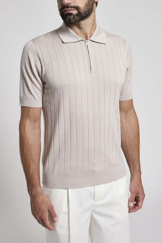 Knitted zipped Polo shirt Cotton silk blend yarn Marine wood beige