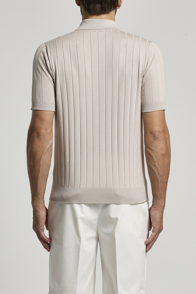 Knitted zipped Polo shirt Cotton silk blend yarn Marine wood beige