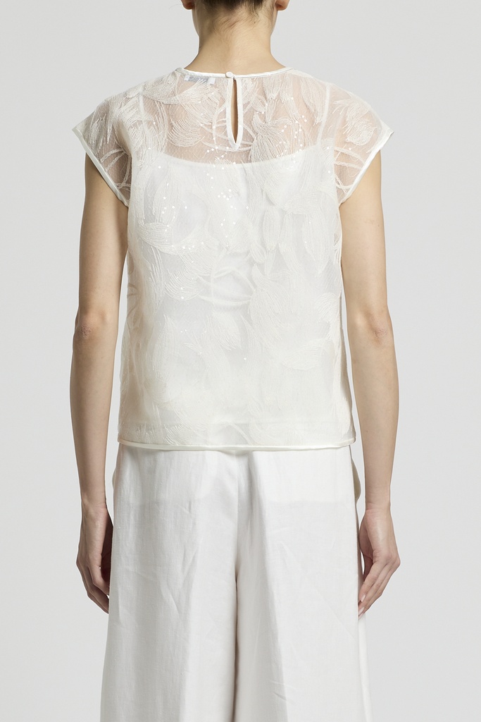 Woman Shirt Cotton And Sequin Embroidered Light Tulle Solar White