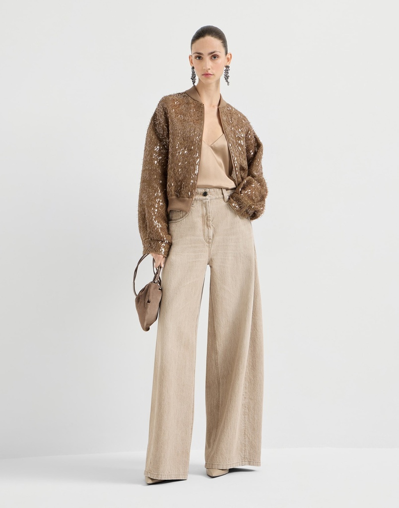 Authentic denim wide trousers with monili